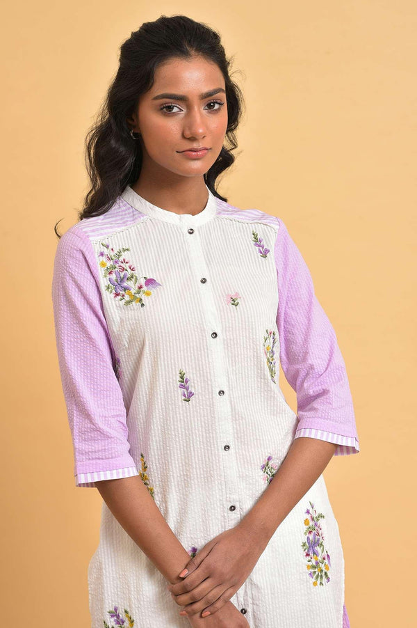 White and Light Purple Textured Cotton Plus Size Embroidered Summer Kurta