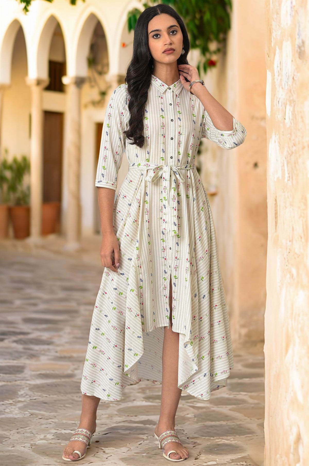 Ecru Printed Summer Shirt Dress - XS
