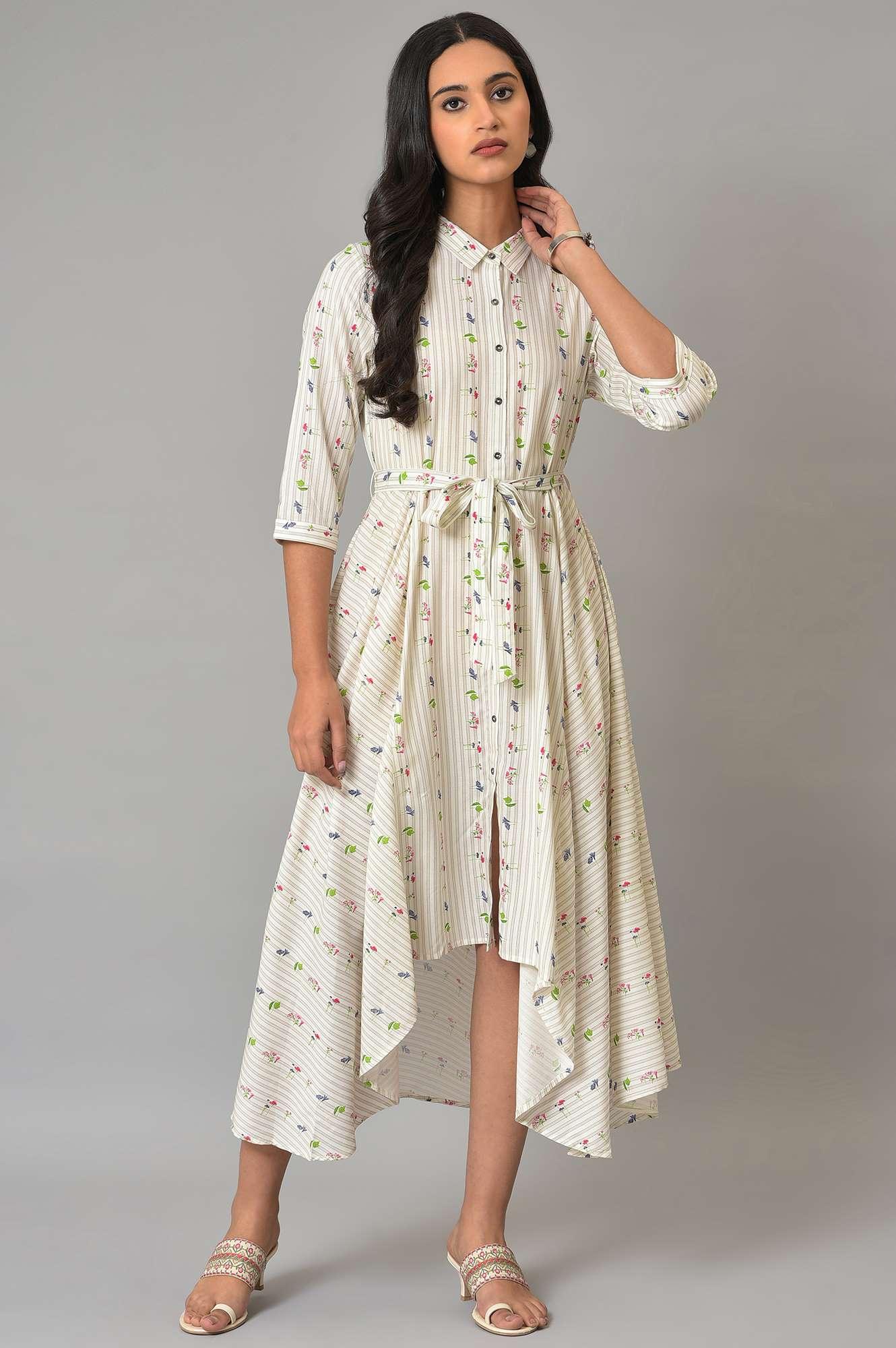 Ecru Printed Summer Shirt Dress - wforwoman