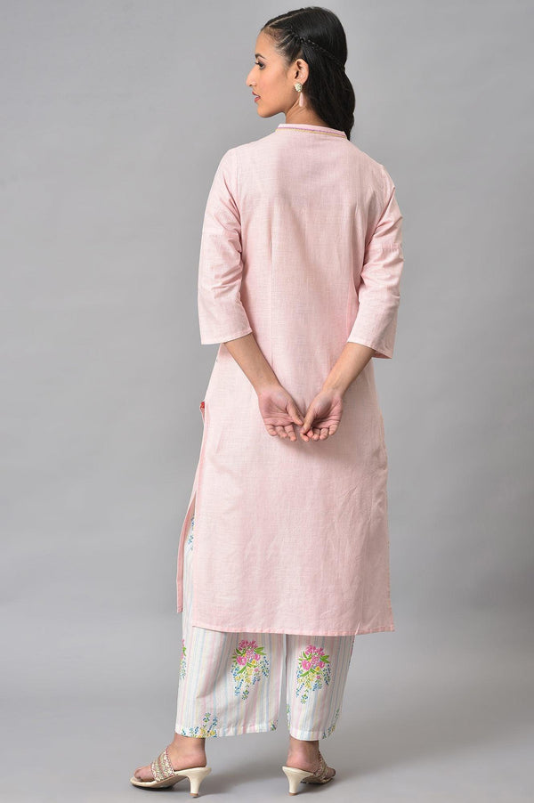 Light Pink Mandarin Collar kurta With Embroidery