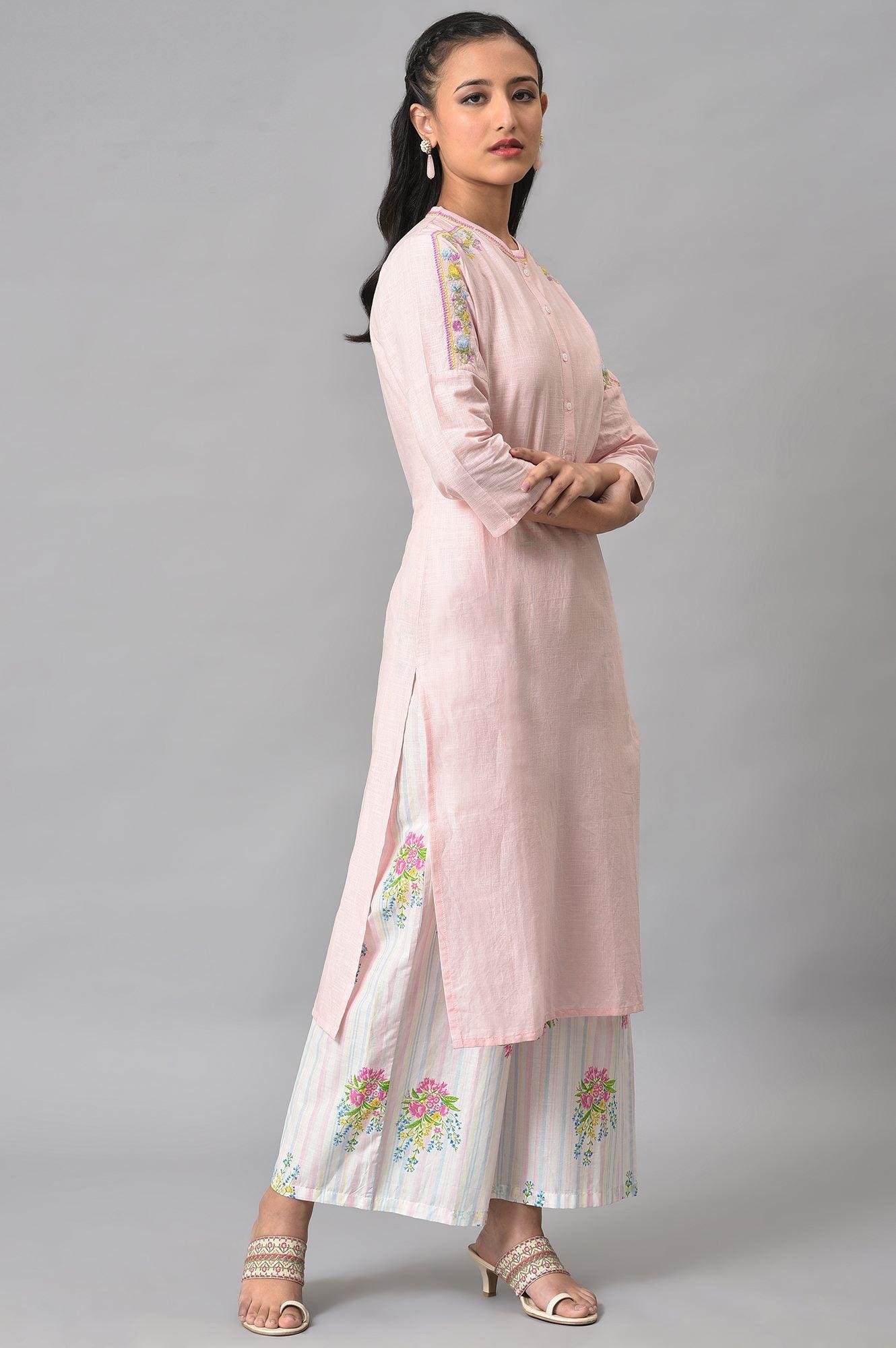 Plus Size Light Pink Mandarin Collar kurta With Embroidery - wforwoman