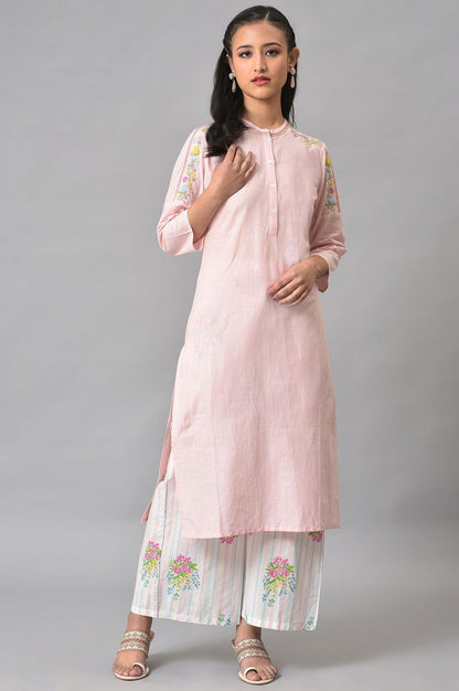 Light Pink Mandarin Collar kurta With Embroidery - wforwoman