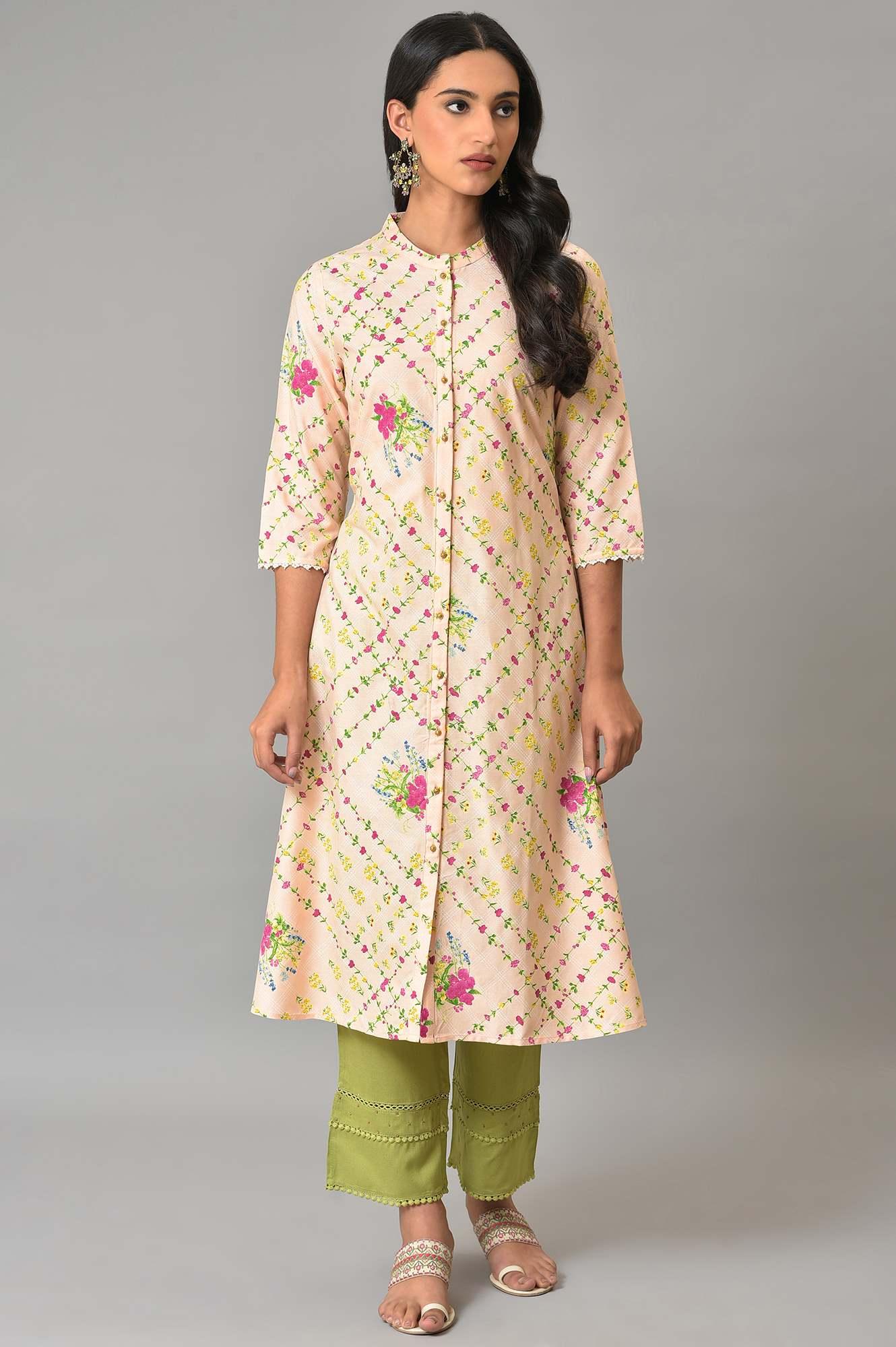 Light Orange A-Line Floral Printed kurta - wforwoman