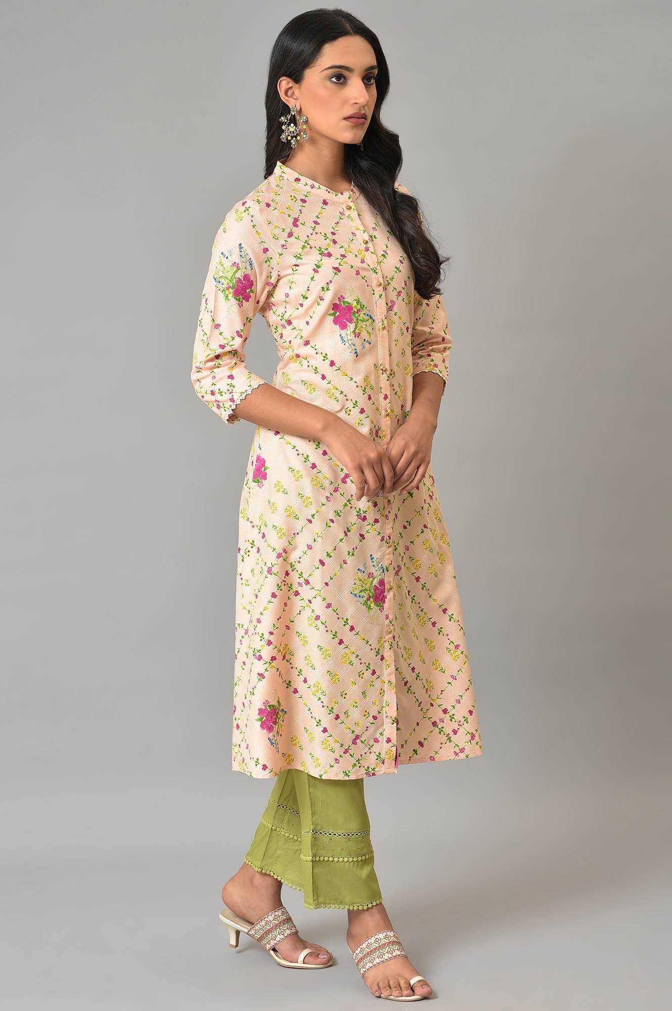Light Orange A-Line Floral Printed Plus Size kurta - wforwoman