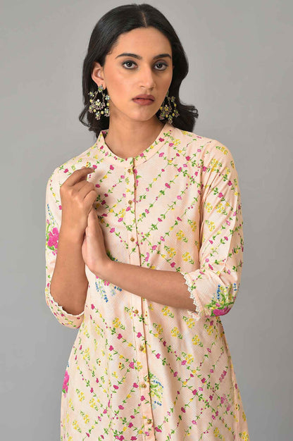 Light Orange Floral Printed Lace Rayon A-Line Kurta and Parallel Pant Set