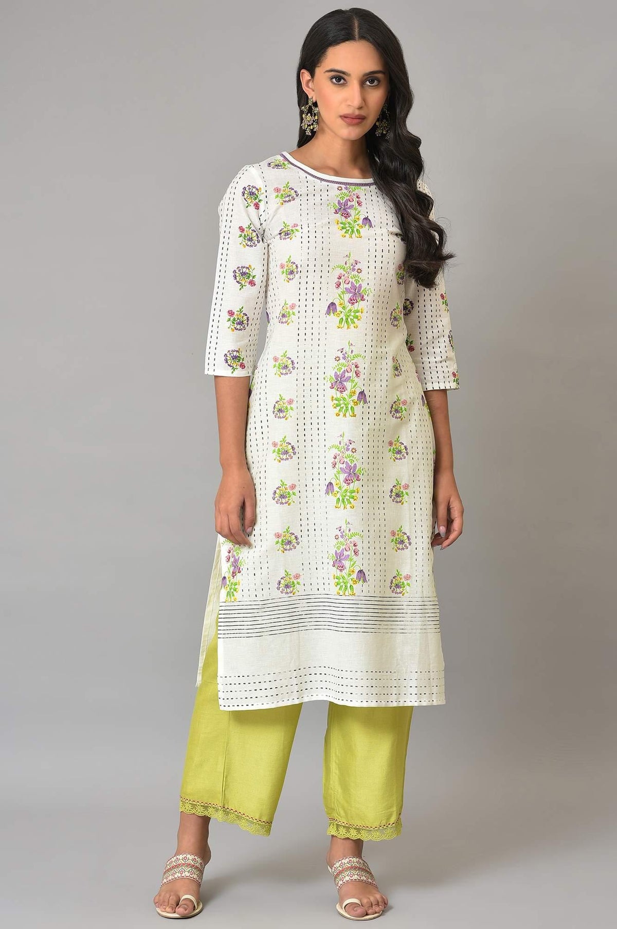 Plus Size Ecru Floral Printed Cotton kurta - 20