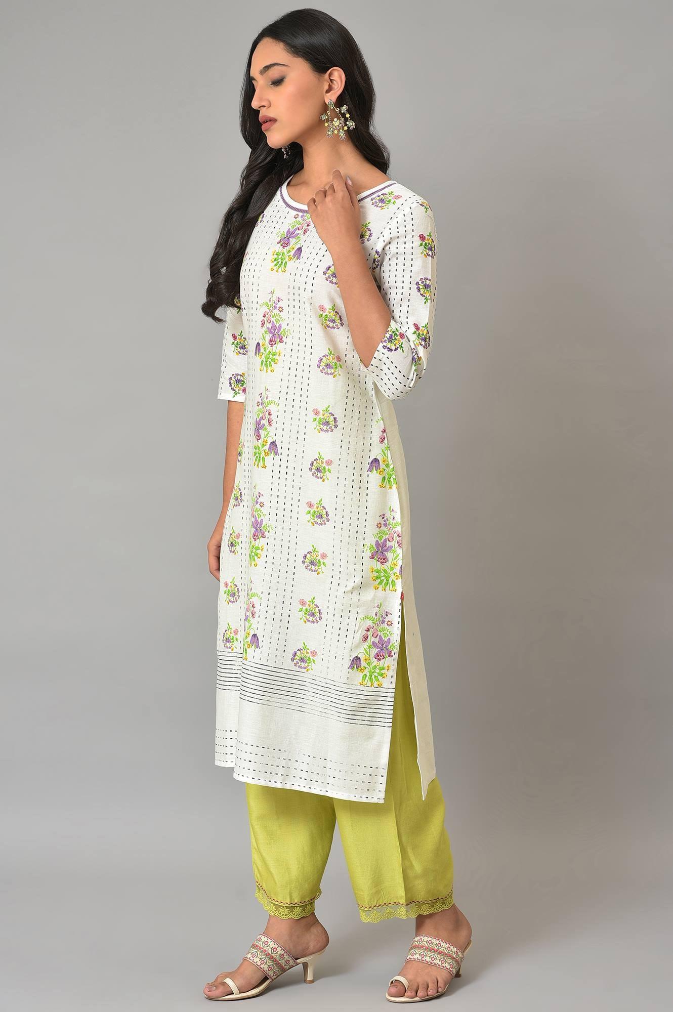 Plus Size Ecru Floral Printed Cotton kurta - wforwoman