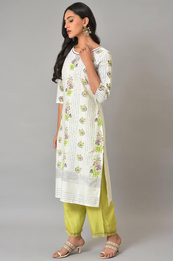 Plus Size Ecru Floral Printed Cotton kurta