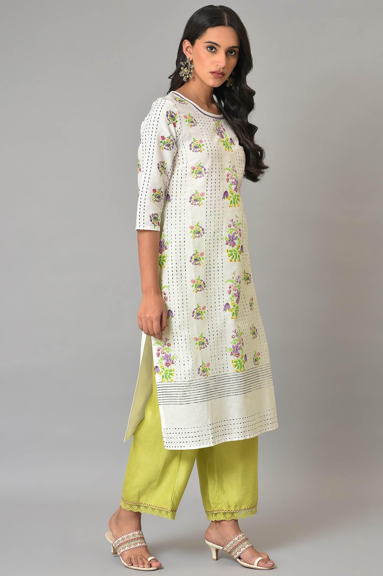 Ecru Floral Printed Cotton kurta - wforwoman