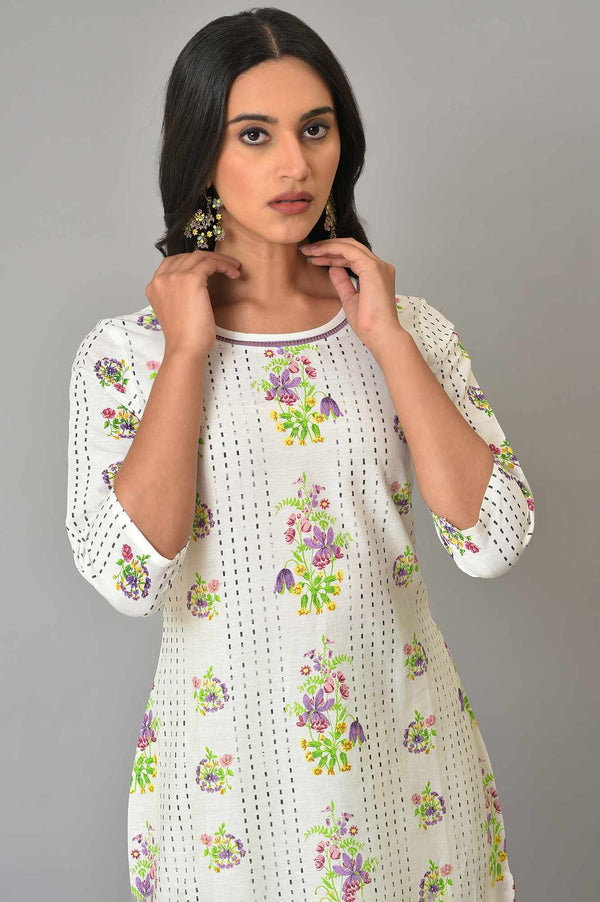 Ecru Floral Lace Cotton Flax Straight Kurta and Slim Pant Set