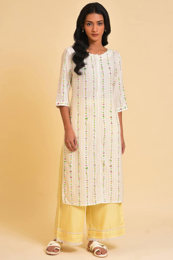 Plus Size Ecru Printed Straight kurta With Lace Placket