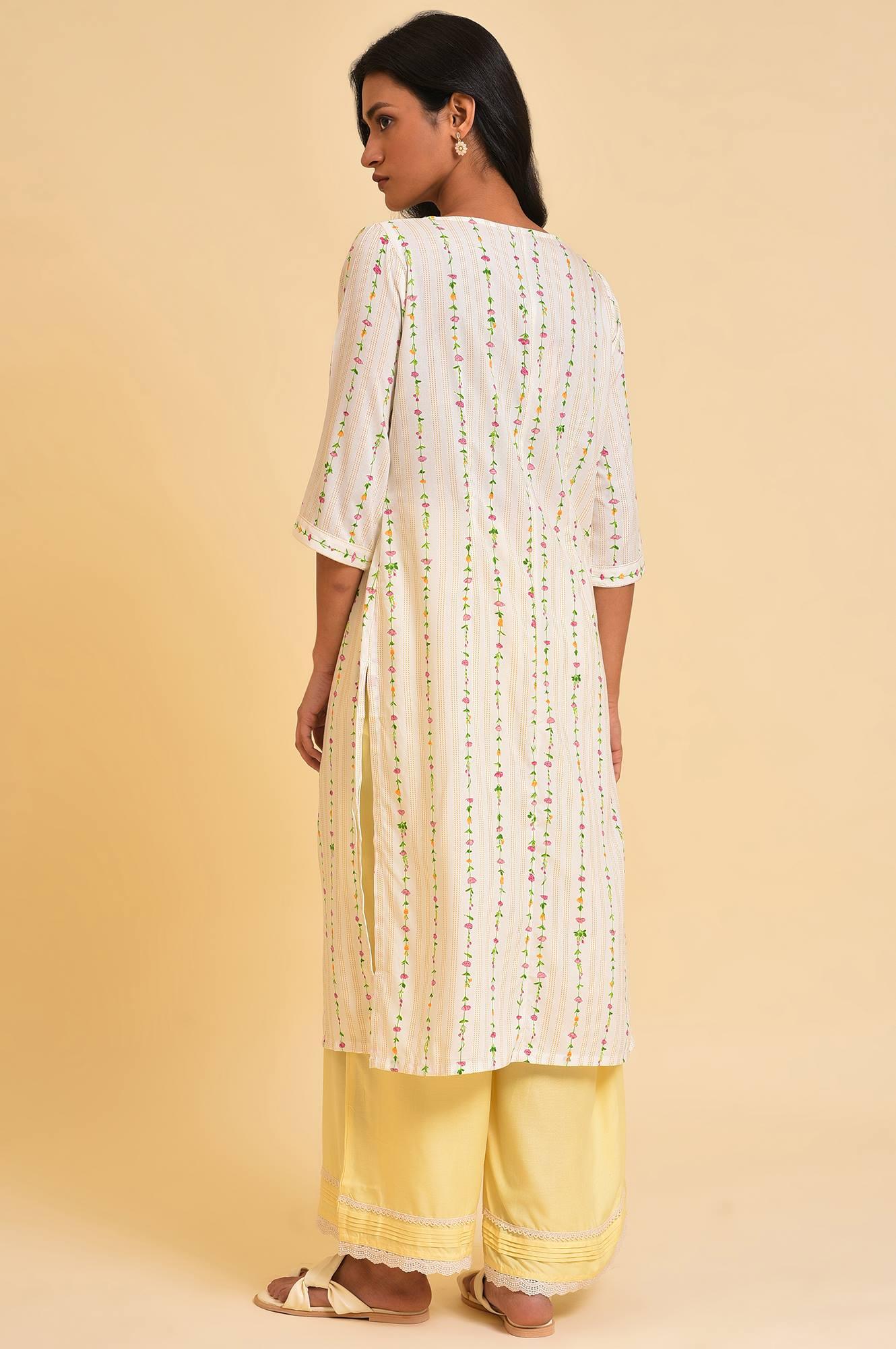 Ecru Printed Straight kurta With Lace Placket - wforwoman
