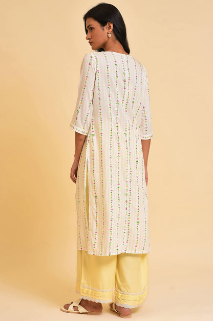 Ecru Printed Straight kurta With Lace Placket - wforwoman