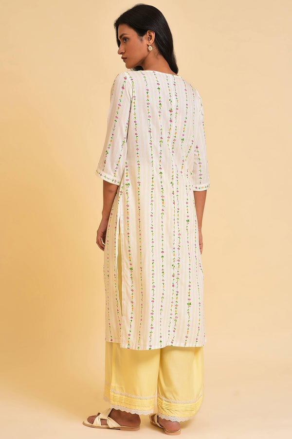 Plus Size Ecru Printed Straight kurta With Lace Placket