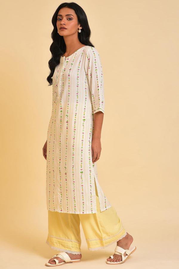 Plus Size Ecru Printed Straight kurta With Lace Placket