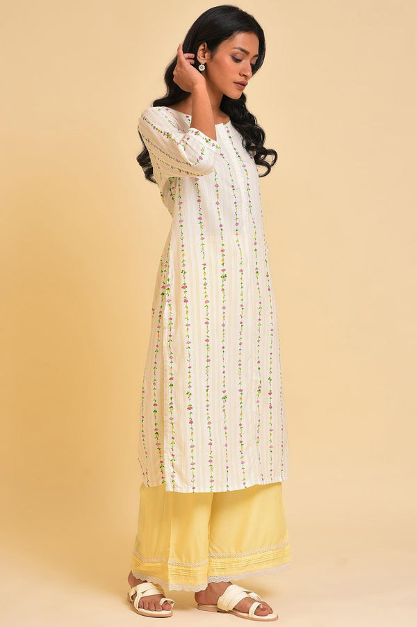 Plus Size Ecru Printed Straight kurta With Lace Placket