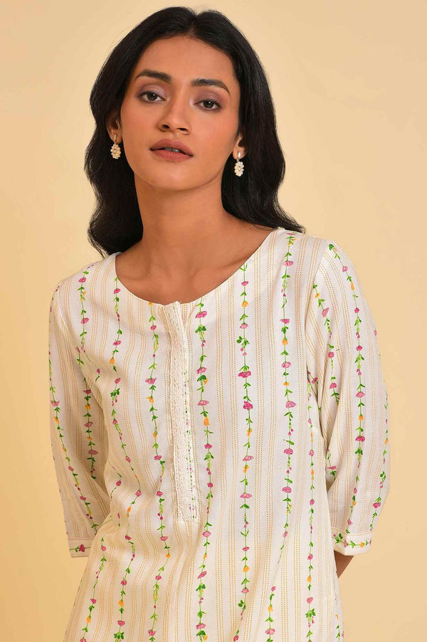 Plus Size Ecru Printed Straight kurta With Lace Placket