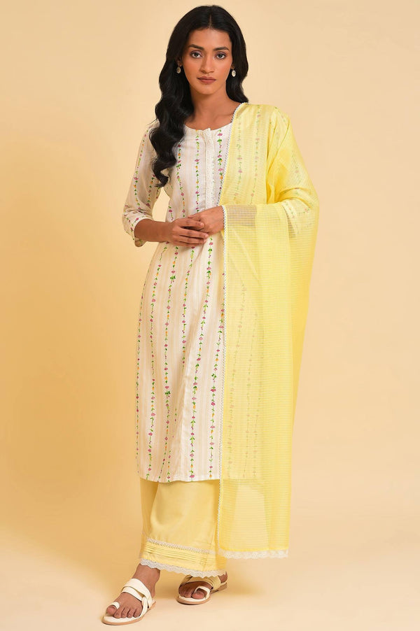 Plus Size Ecru Printed Straight kurta With Lace Placket