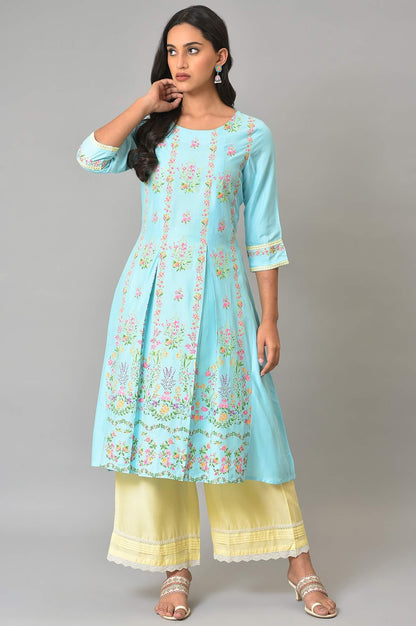 Blue Floral Printed A-Line Front Pleated kurta - wforwoman