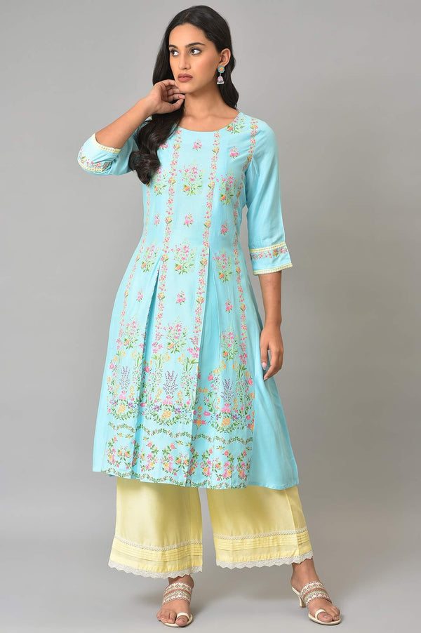 Blue Floral Printed A-Line Front Pleated Plus Size kurta