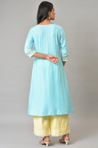 Blue Floral Printed A-Line Front Pleated kurta - wforwoman