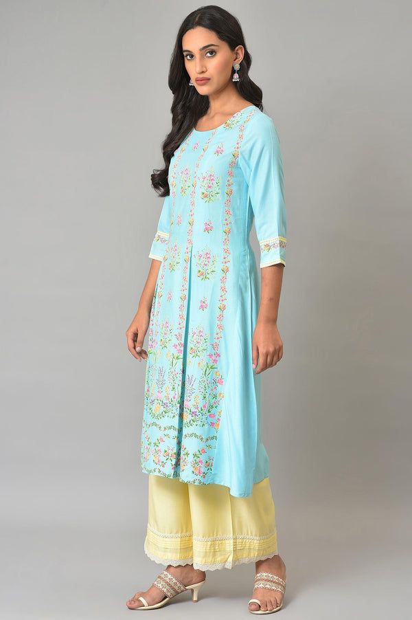 Blue Floral Printed A-Line Front Pleated Plus Size kurta