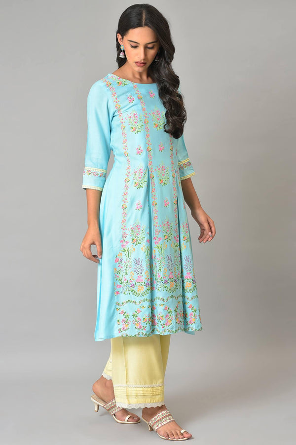 Blue Floral Printed A-Line Front Pleated Plus Size kurta