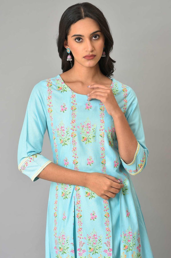 Blue Floral Printed A-Line Front Pleated Plus Size kurta