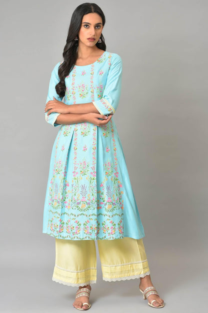 Blue Floral Printed A-Line Front Pleated kurta - wforwoman
