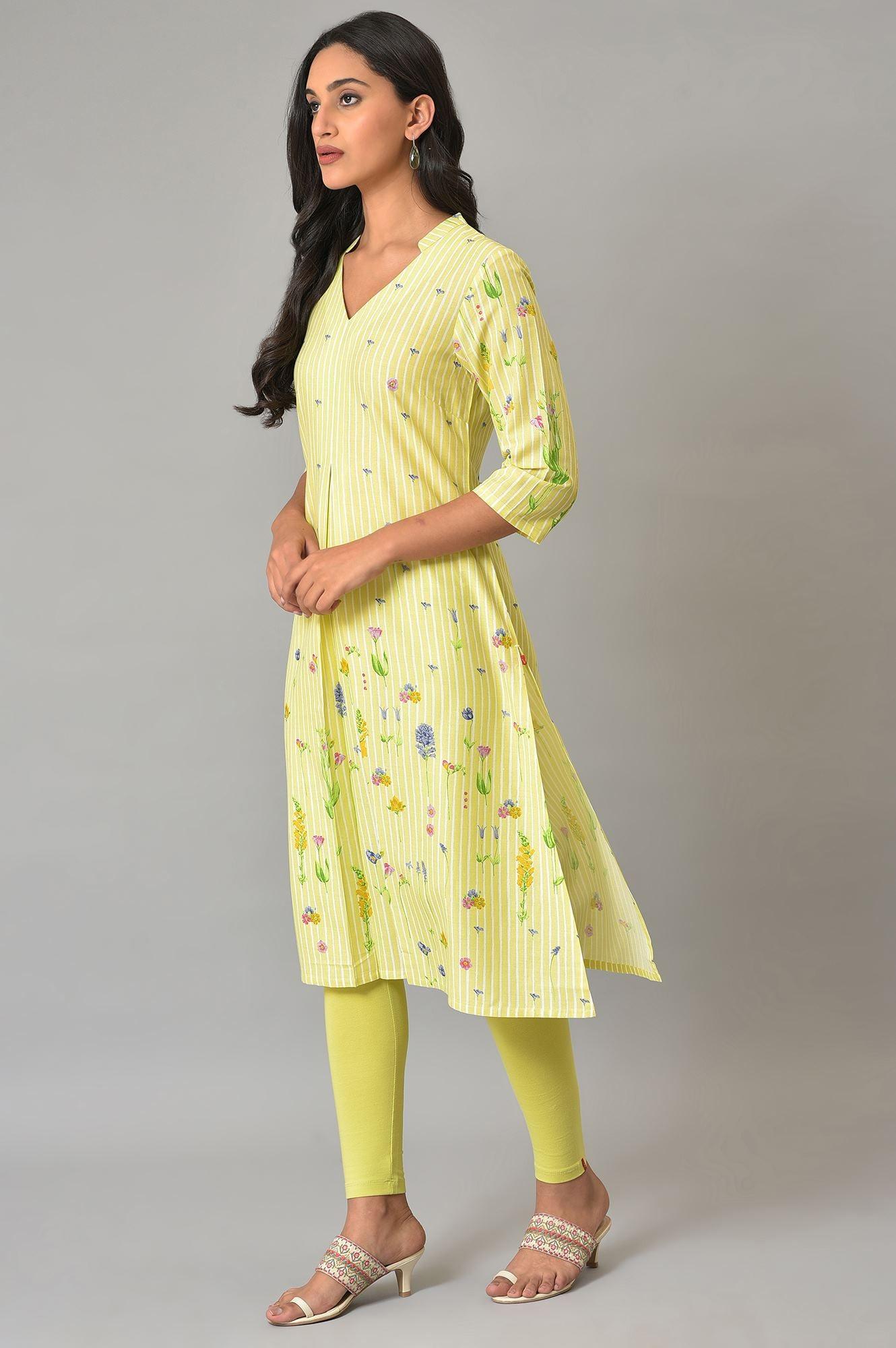 Green A-Line Floral Print kurta - wforwoman