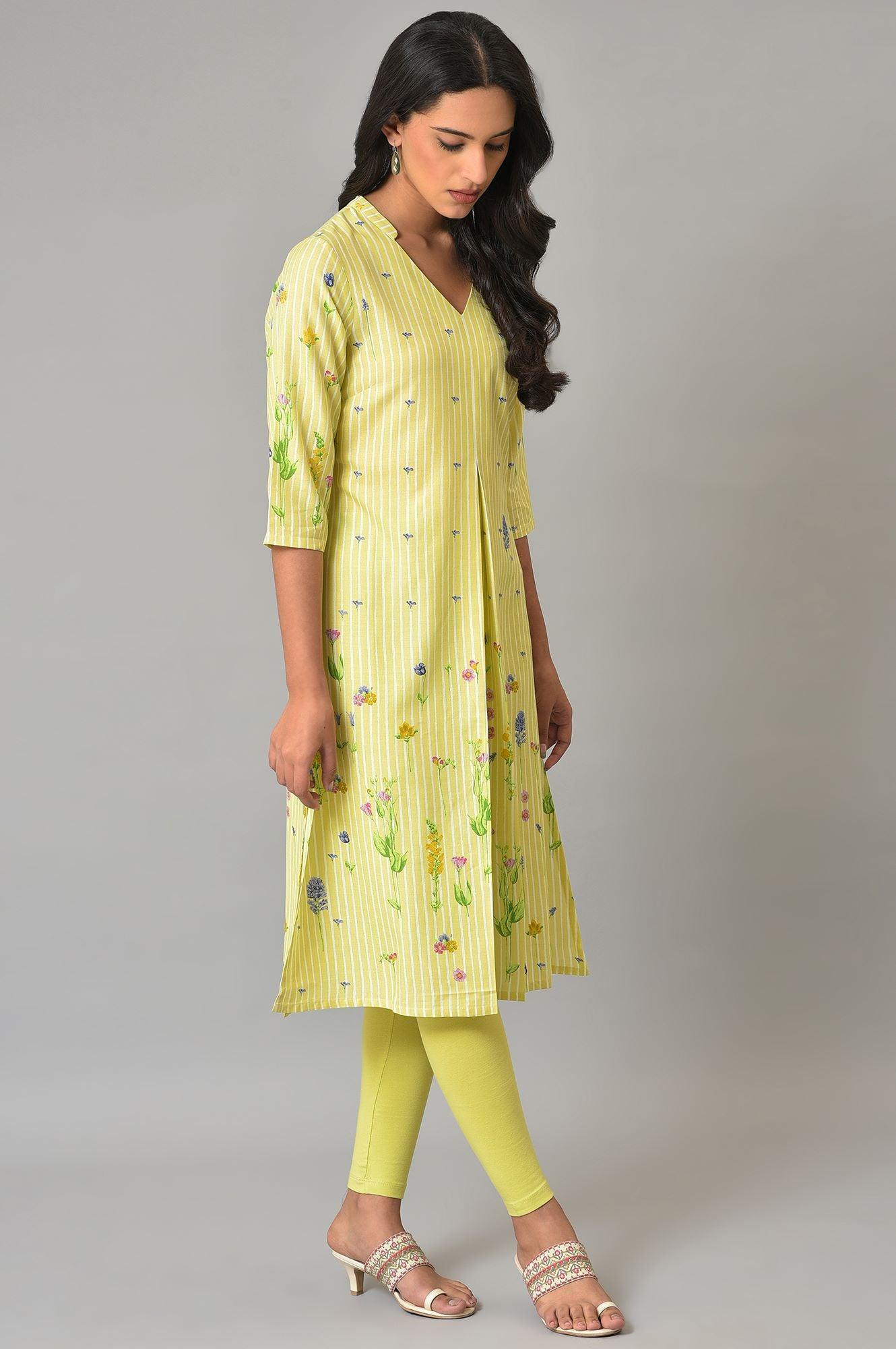 Green A-Line Floral Print kurta - wforwoman