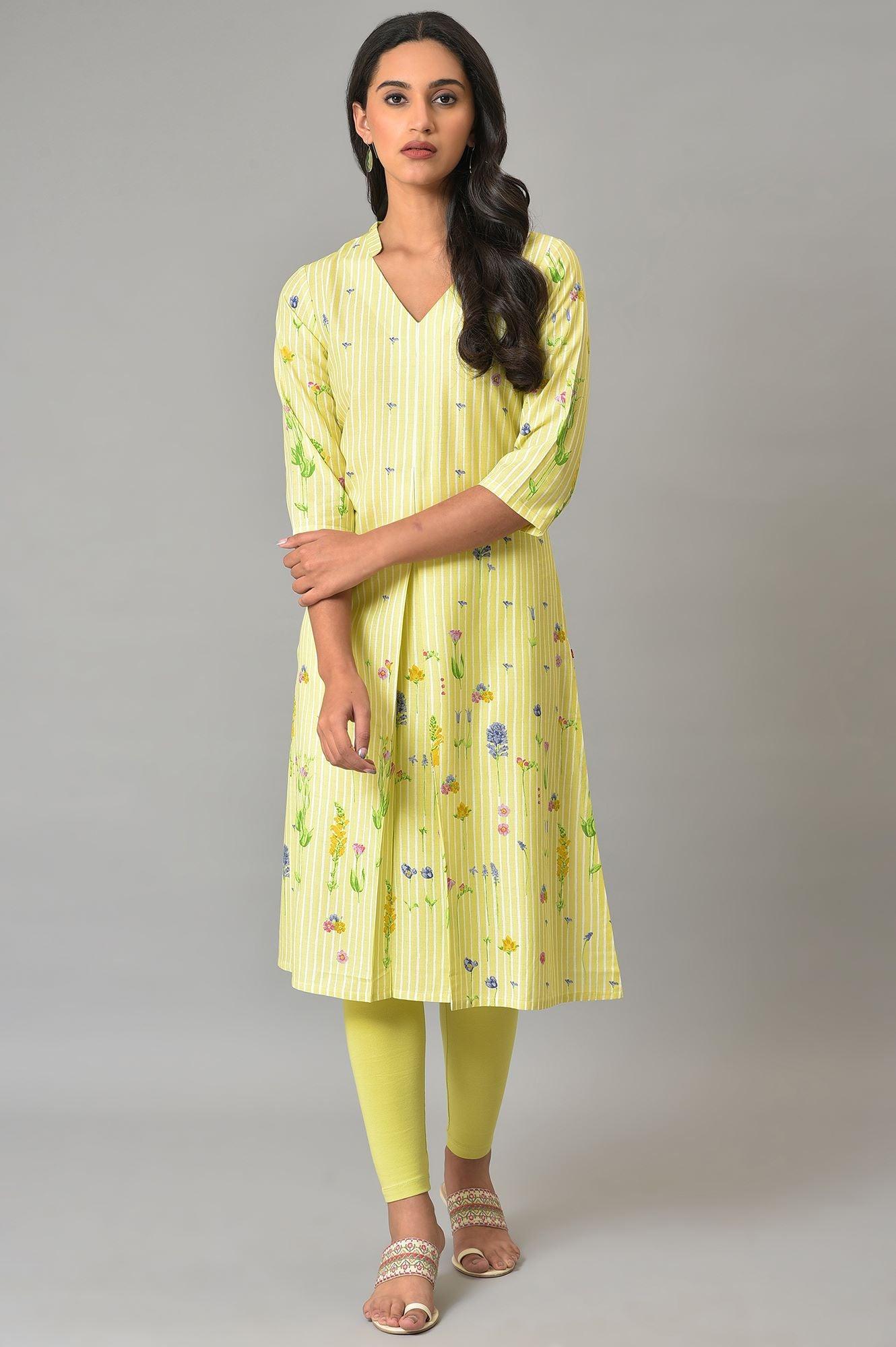 Green A-Line Floral Print kurta - wforwoman