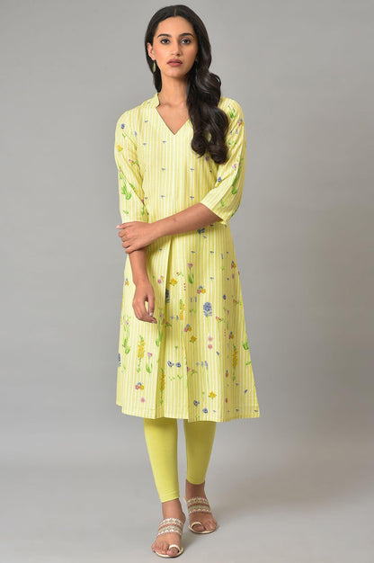 Green A-Line Floral Print kurta - wforwoman