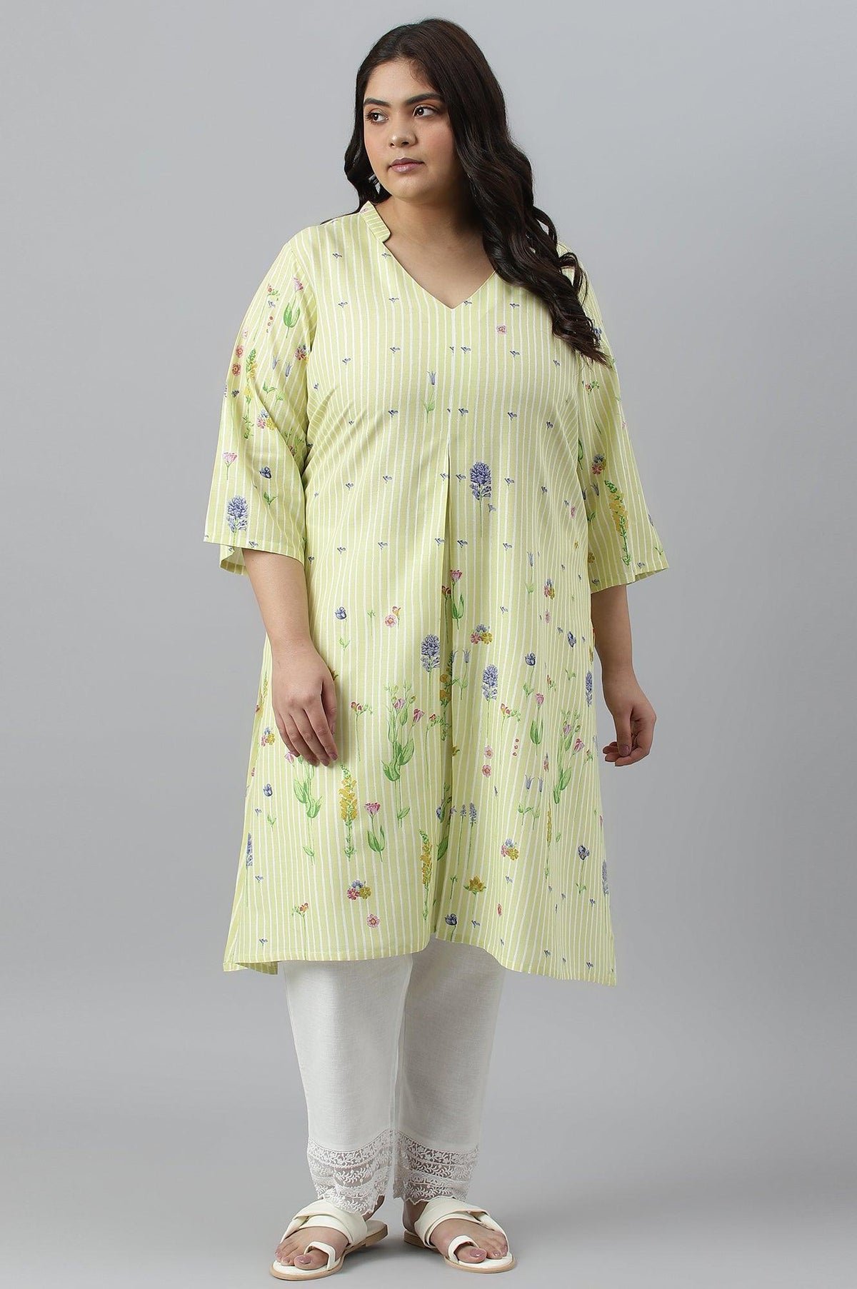Plus Size Light Green A-Line kurta With Multi-Coloured Print - 4XL