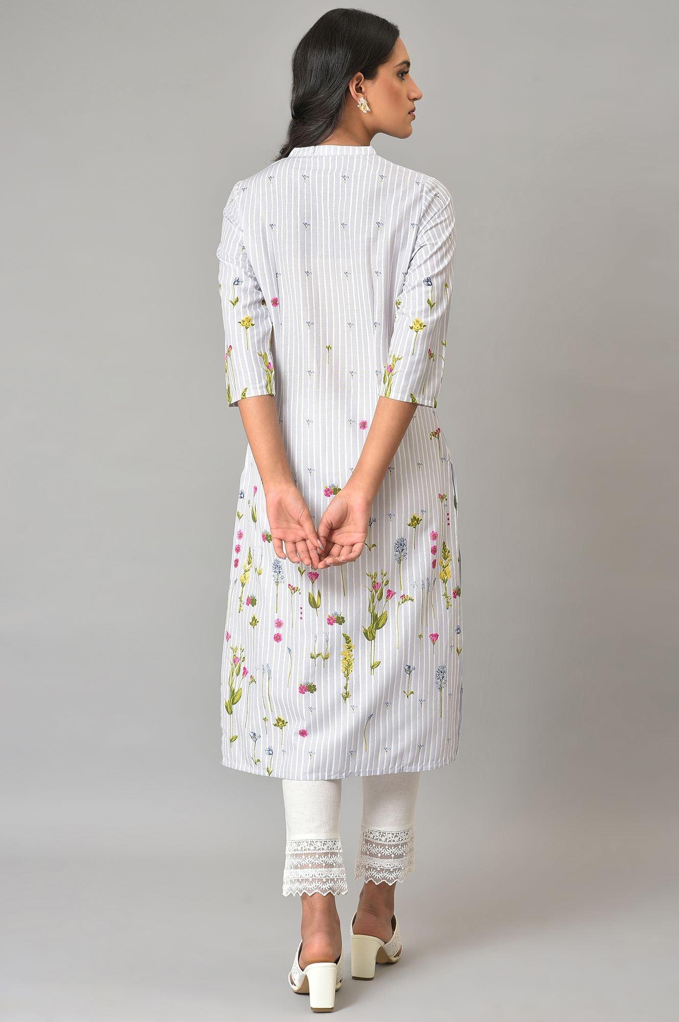 Plus Size Blue Floral Printed Straight kurta - wforwoman