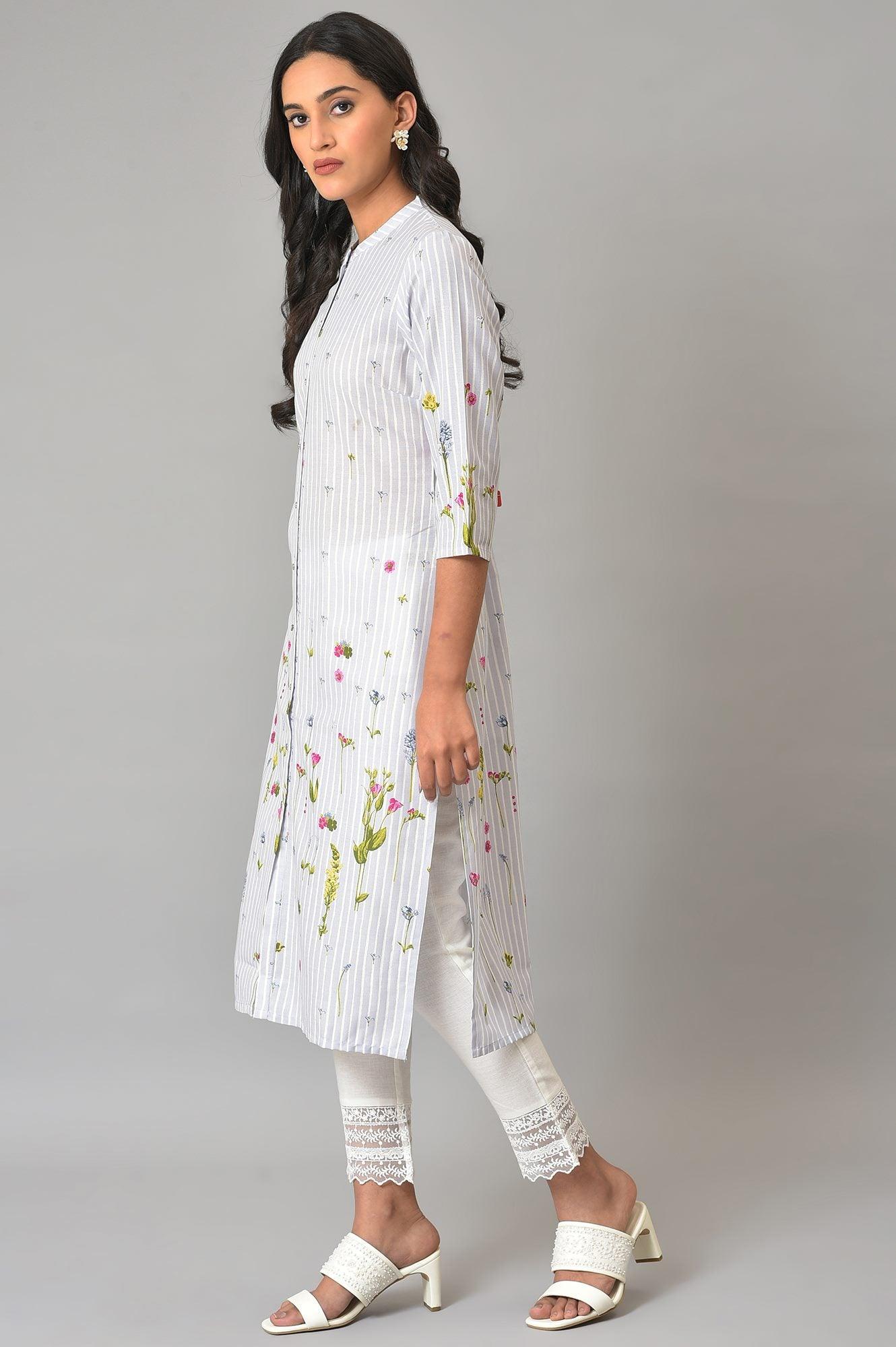 Plus Size Blue Floral Printed Straight kurta - wforwoman