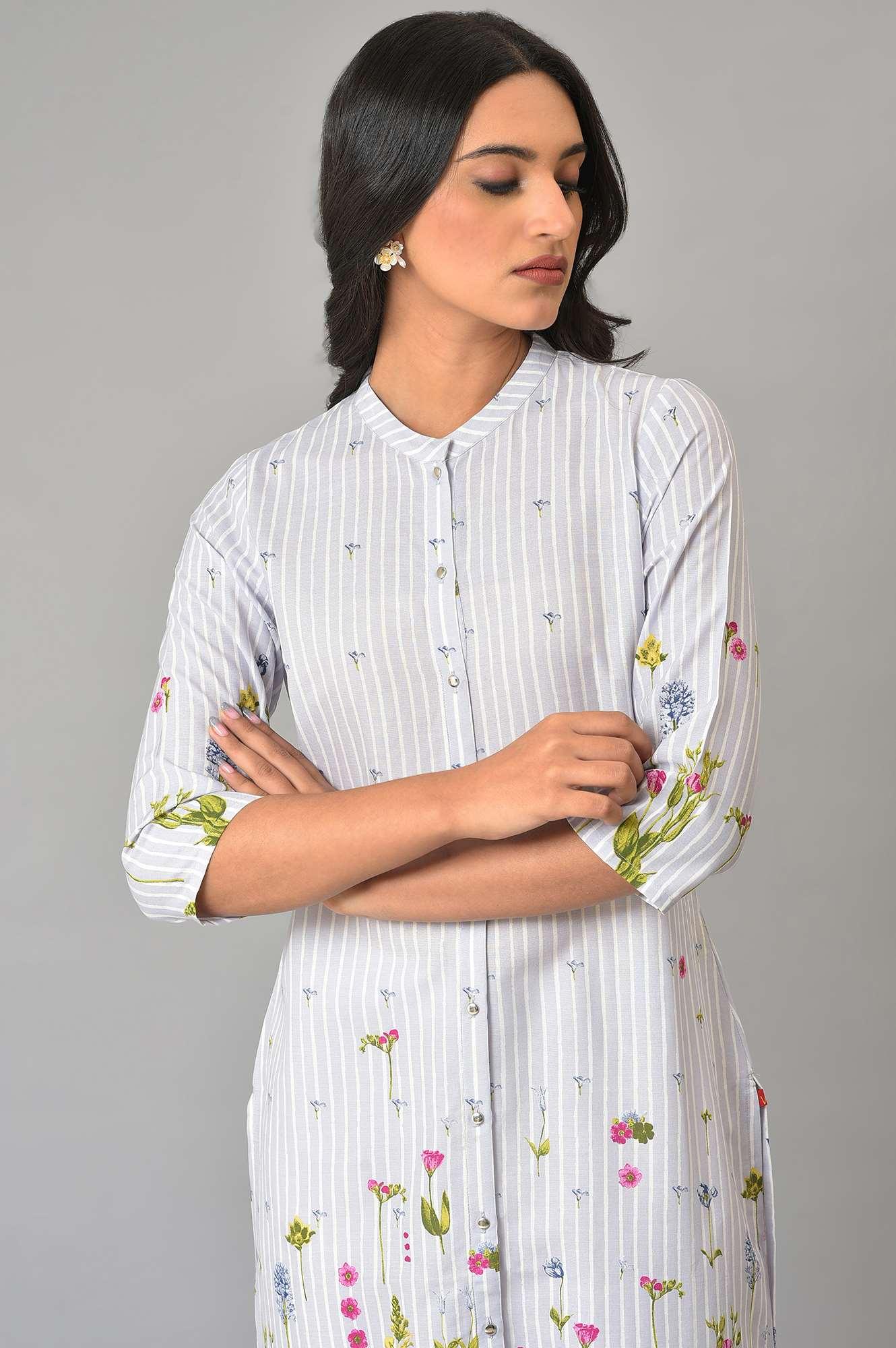 Plus Size Blue Floral Printed Straight kurta - wforwoman
