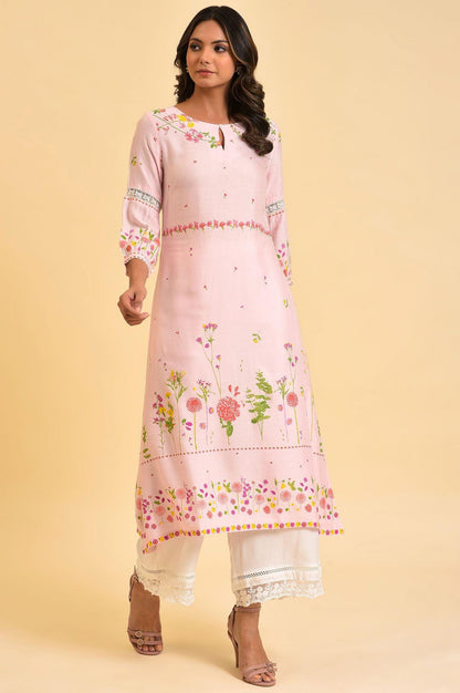Light Pink Floral Printed Summer kurta - wforwoman