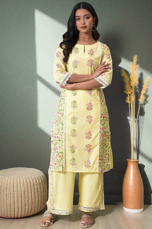 Yellow Panelled Floral kurta With Lace Detail