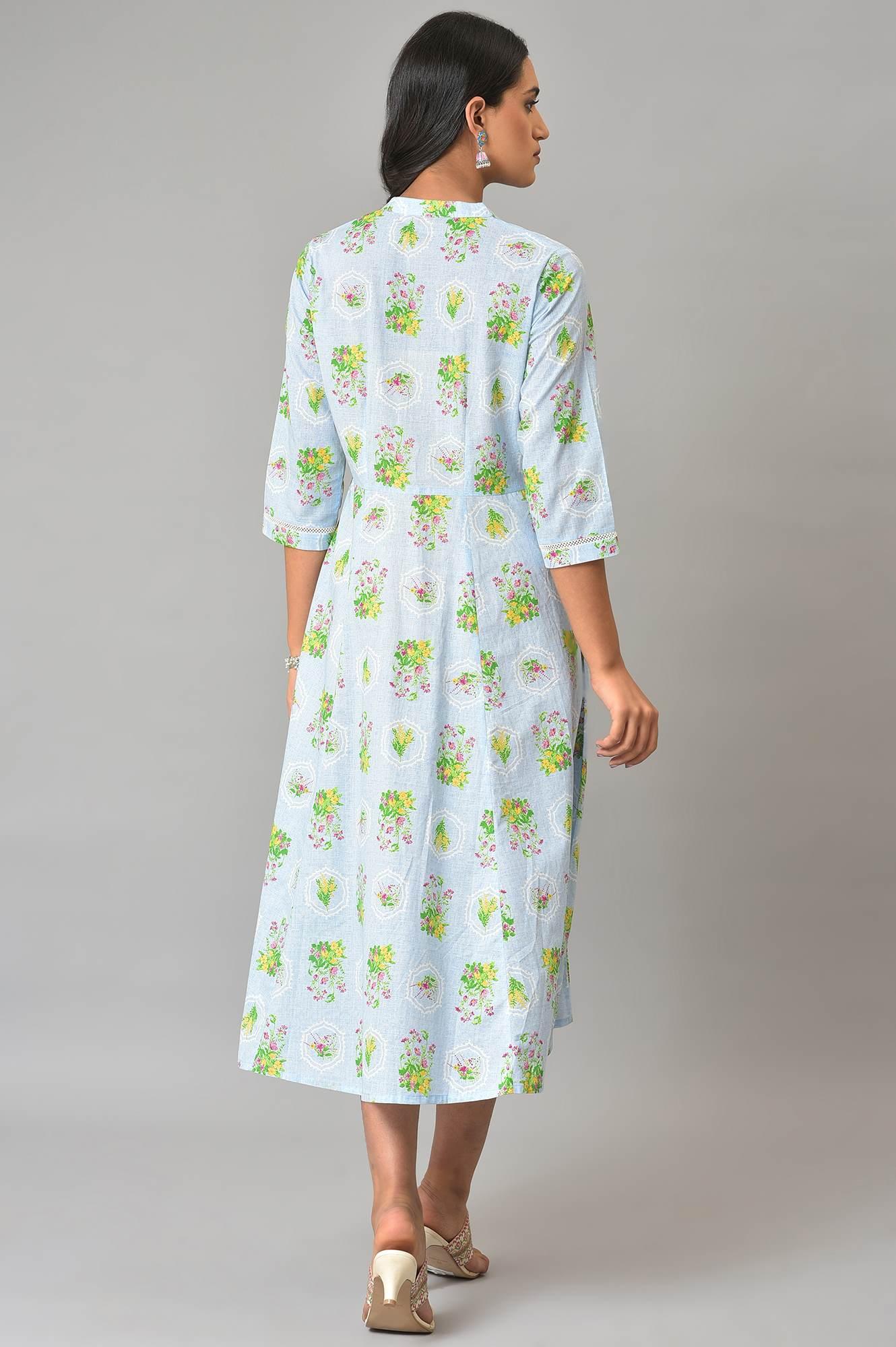 Blue Floral Printes Summer Shirt Dress - wforwoman