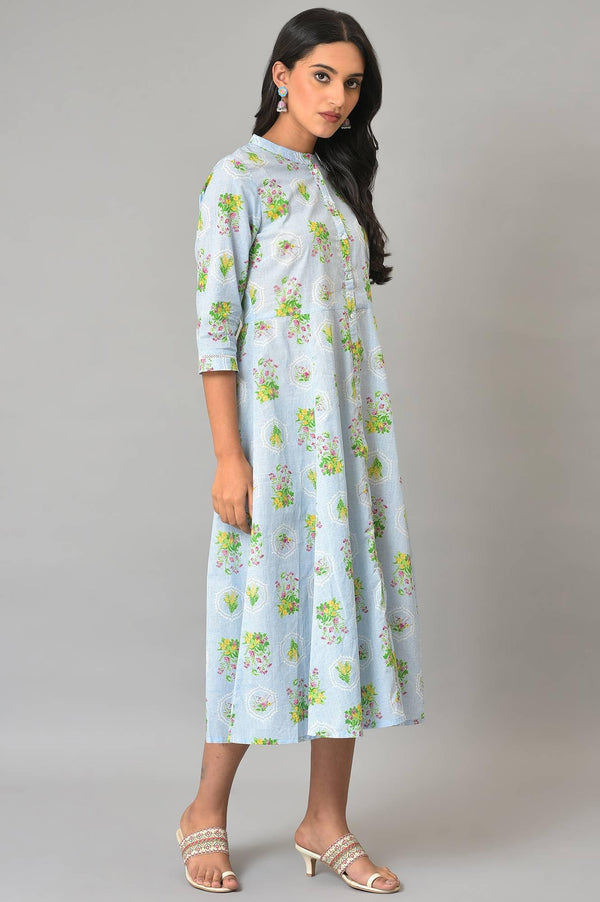 Blue Floral Printes Summer Shirt Dress