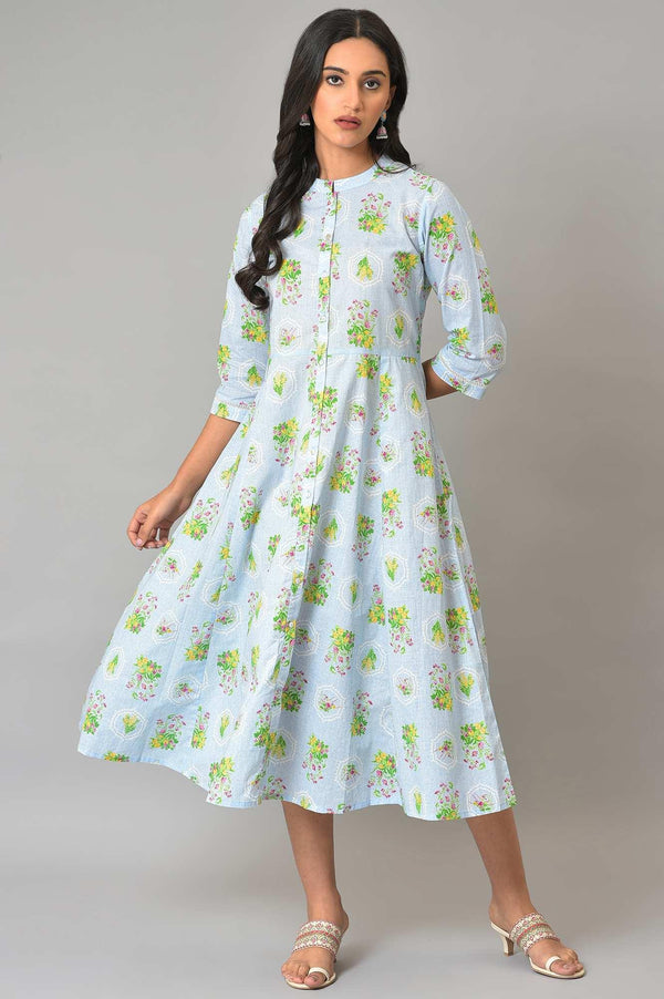 Blue Floral Printes Summer Shirt Dress