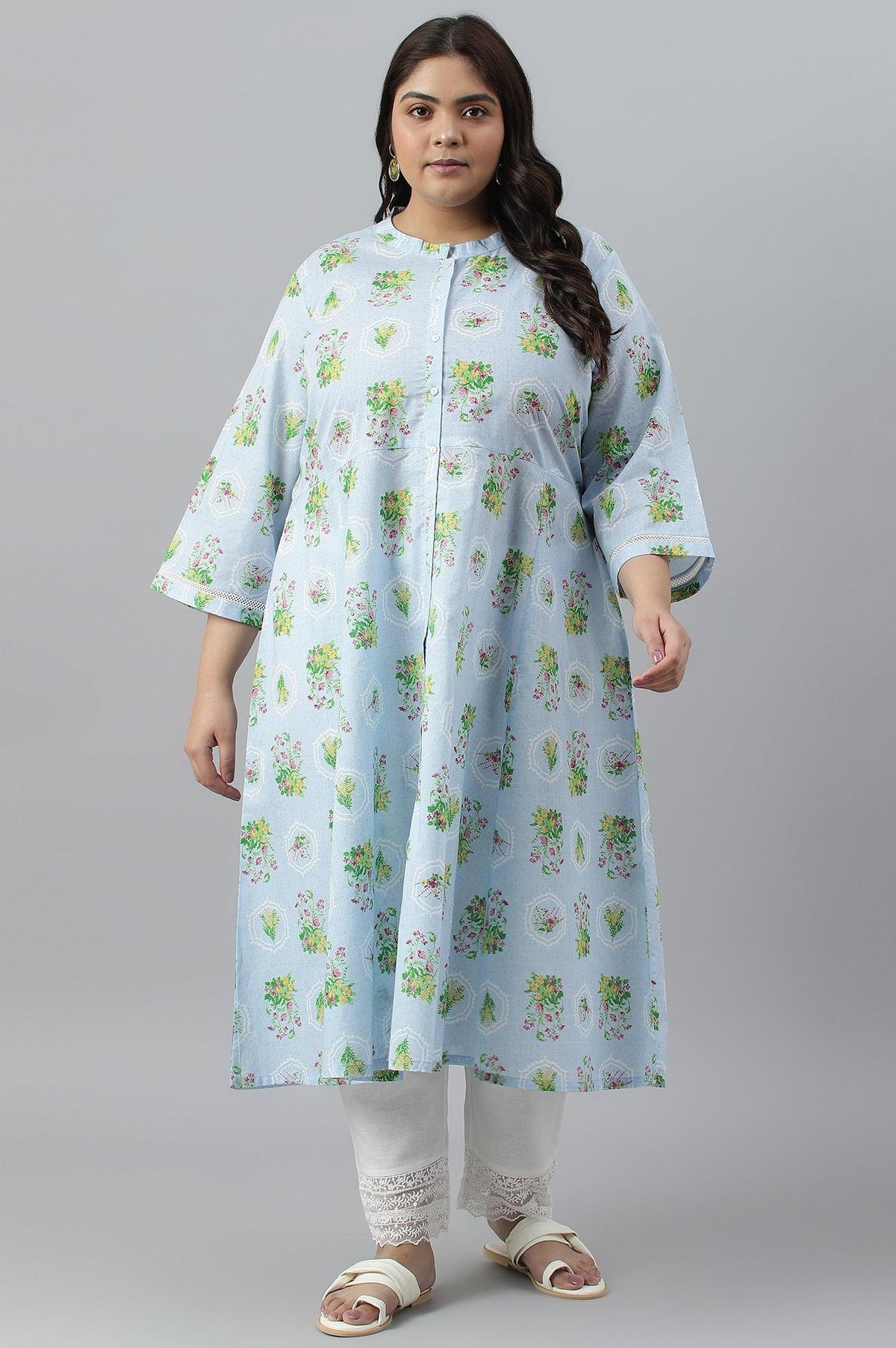 Blue Floral Printed Panelled Shirt Dress - 4XL