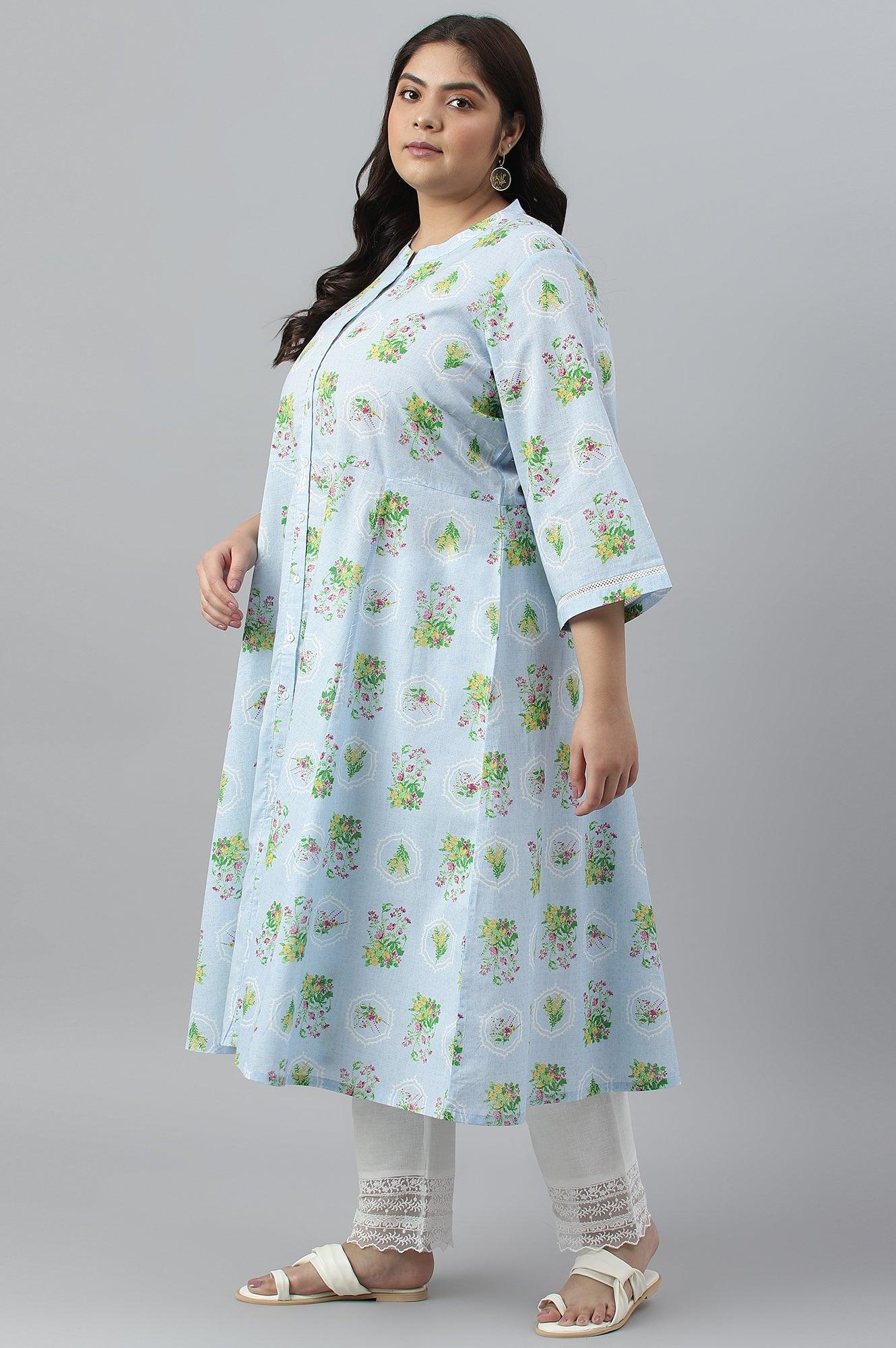 Blue Floral Printed Panelled Shirt Dress - wforwoman