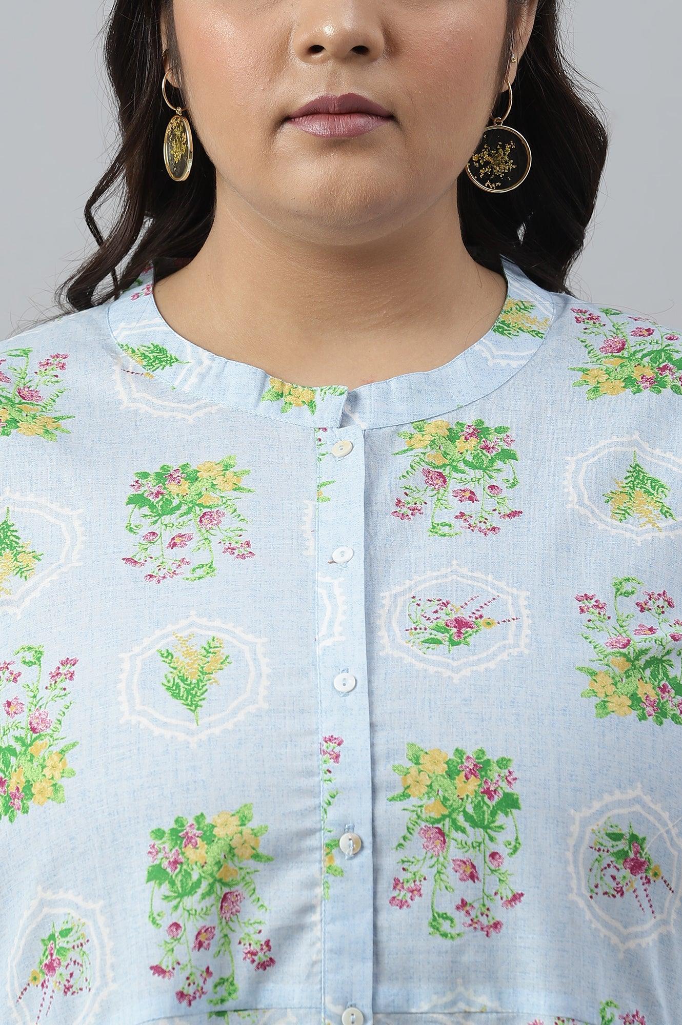 Blue Floral Printed Panelled Shirt Dress - wforwoman