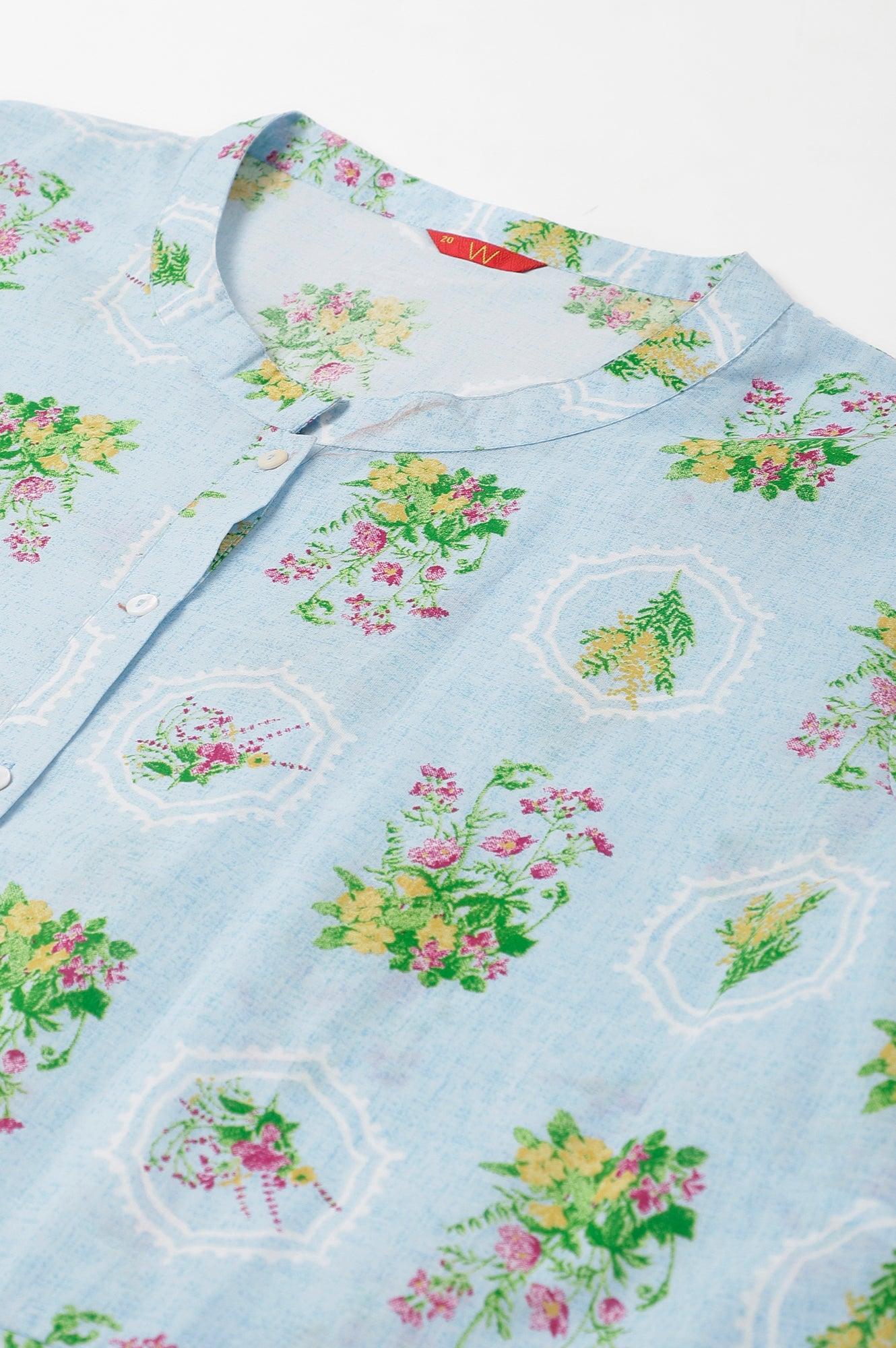 Blue Floral Printed Panelled Shirt Dress - wforwoman