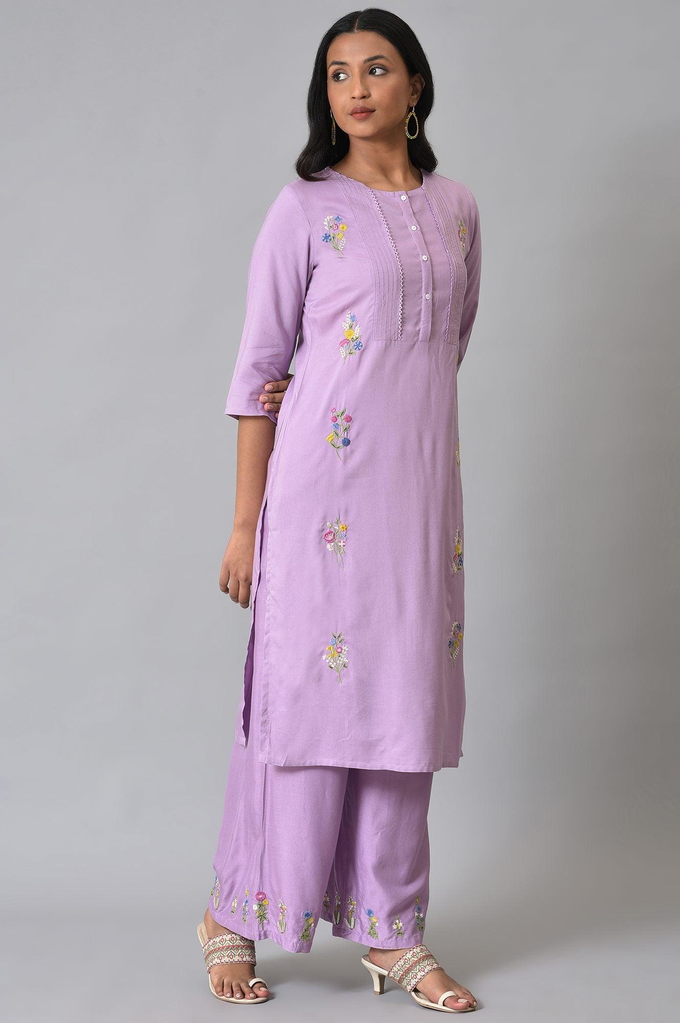 Plus Size Light Purple Embroidered kurta With Pintucks - wforwoman
