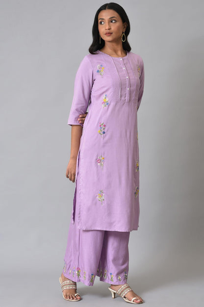 Plus Size Light Purple Embroidered kurta With Pintucks - wforwoman