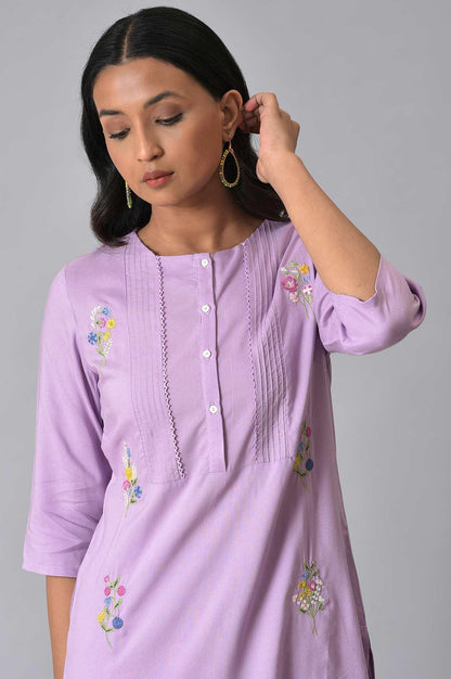 Light Purple Embroidered kurta With Pintucks - wforwoman