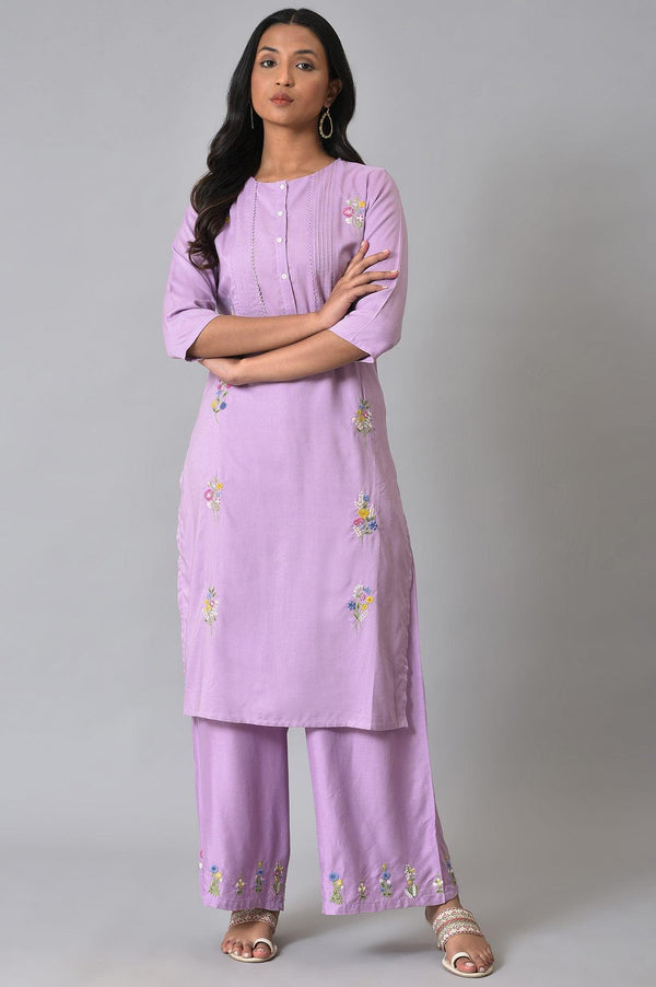 Plus Size Light Purple Embroidered kurta With Pintucks